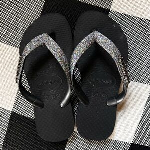 Havaianas Black Flip Flops with Silver Glitter Straps